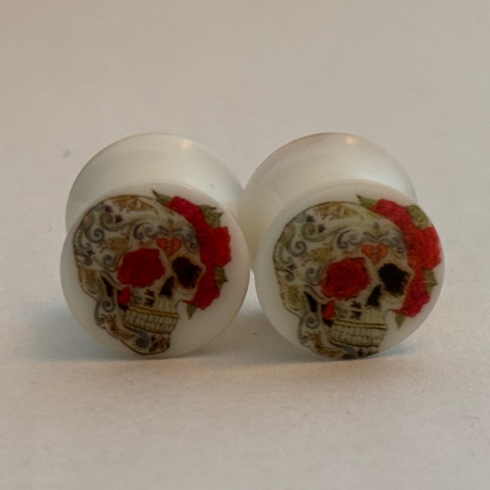 Glow in the Dark Sugar Skull with a Rose Plug Pair